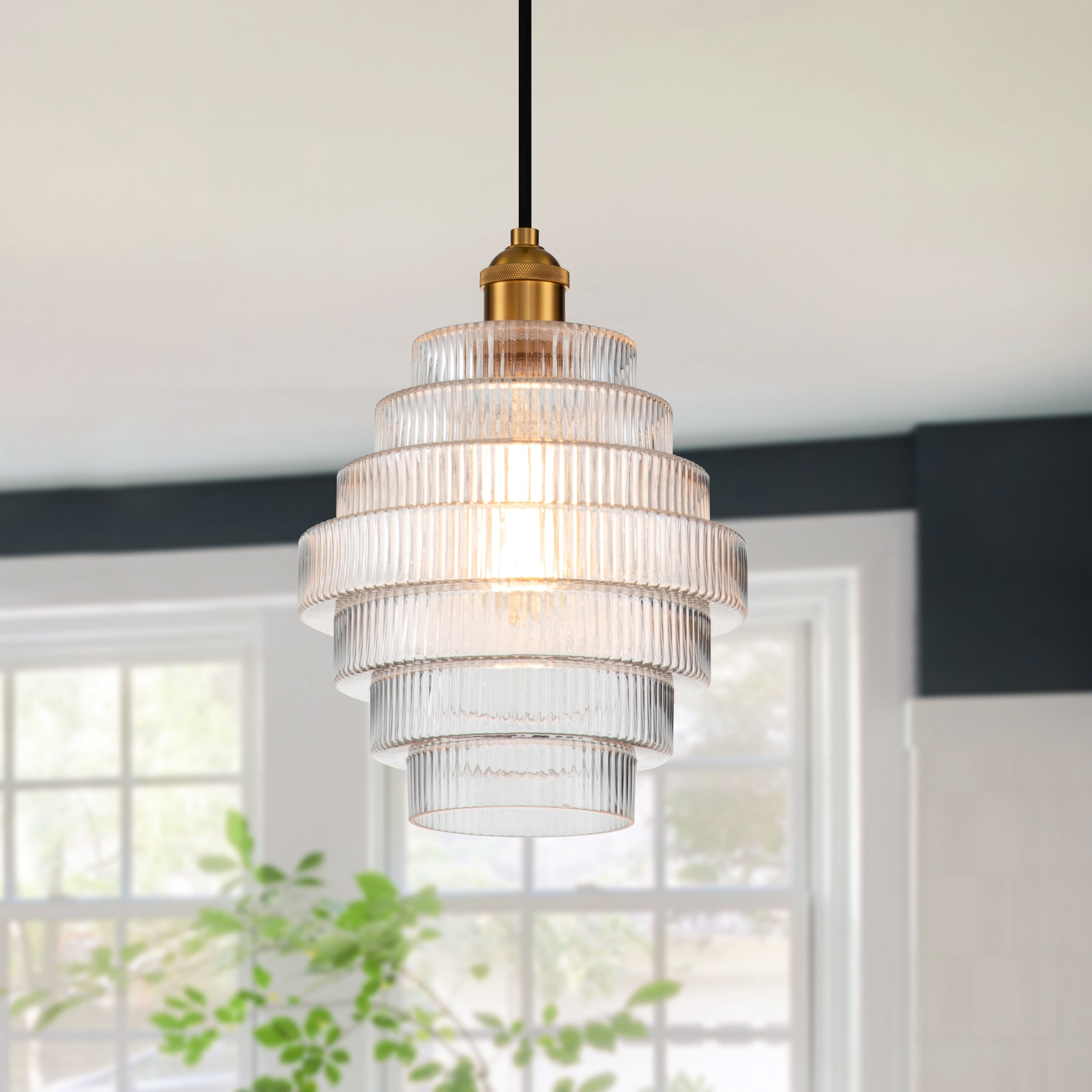 Mini Striped Glass & Antique Brass Hanging Pendant Light