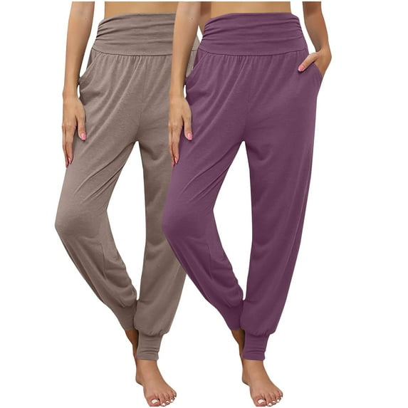 cFmduc 2 Pack Women's Yoga Joggers High Waisted Workout Cozy Sweatpants Casual Loose Comfy Lounge Pajama Pants with Pockets