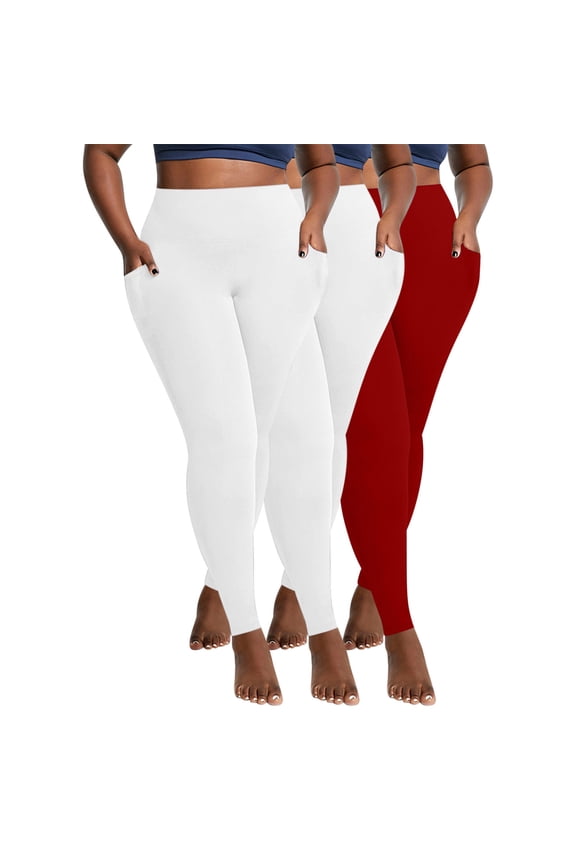 3 Pack Plus Size Leggings for Women Stretchy Tummy Control Workout Yoga Pant High Waist Opaque Leggings with Pockets XL-5XL