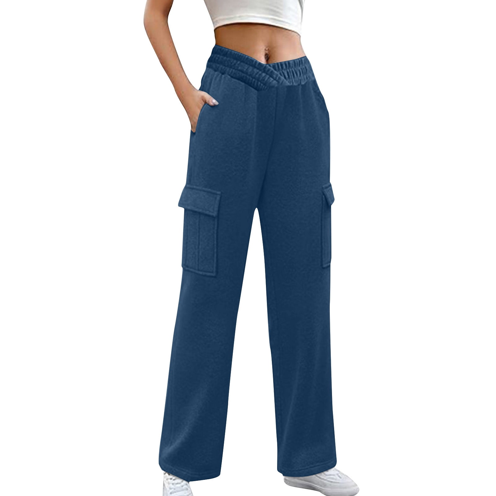 Cargo Pants Women Blue Y2K Loose Pocket Embroidery Wide Leg Sport Pants