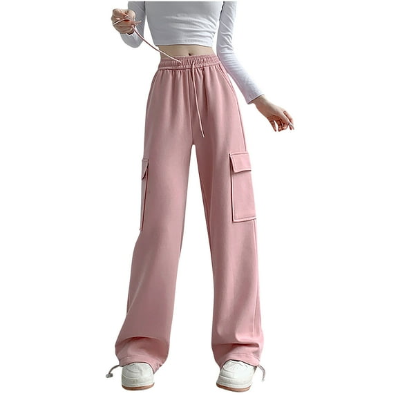 cFmduc Cargo Sweatpants for Women Drawstring Elastic High Waist Baggy Pants Straight Wide Leg Loose Workout Trousers with Pockets