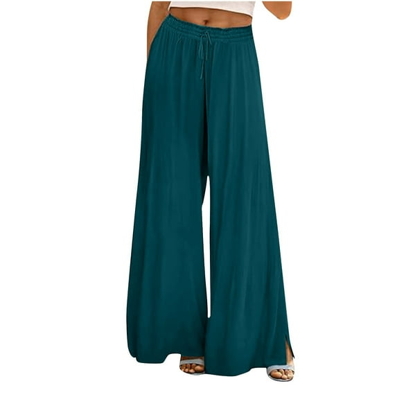 cFmduc Casual Wide Leg Pants for Women Drawstring Elastic High Waist Palazzo Pants Summer Solid Color Baggy Flowy Trousers