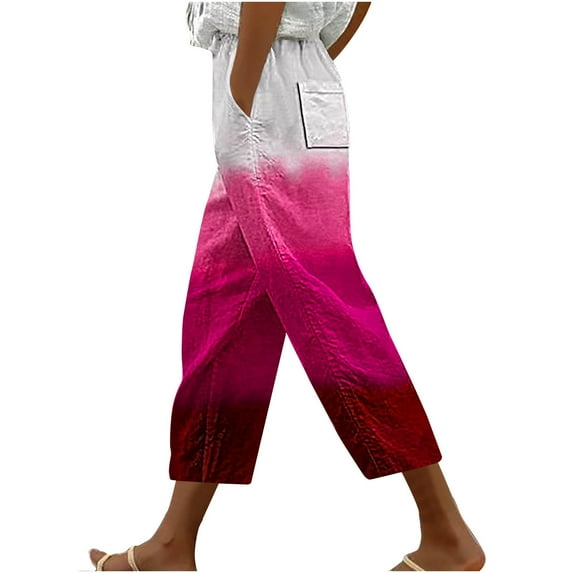 cFmduc Cotton Linen Pants for Women Fall Elastic Waist Straight Leg Crop Pants Casual Loose Fit Beach Trousers with Pockets