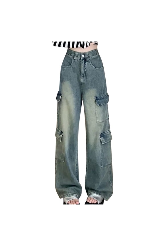 Denim Pants for Women Trendy Vintage Wide Leg Jeans Pants Casual Baggy High Waist Flat Front Lounge Work Pants