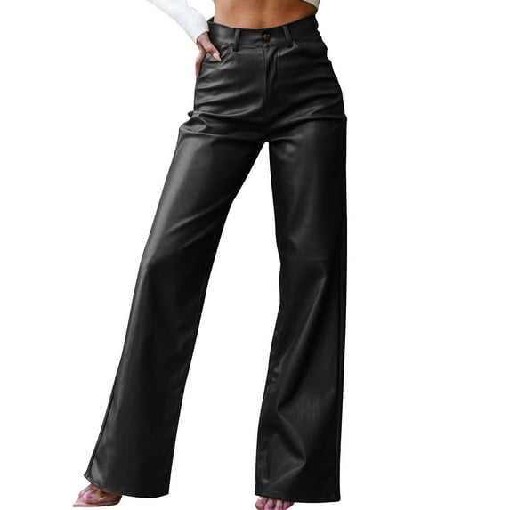 cFmduc Faux Leather Pants for Women High Waist Straight Wide Leg Flare Leather Pants with Pockets