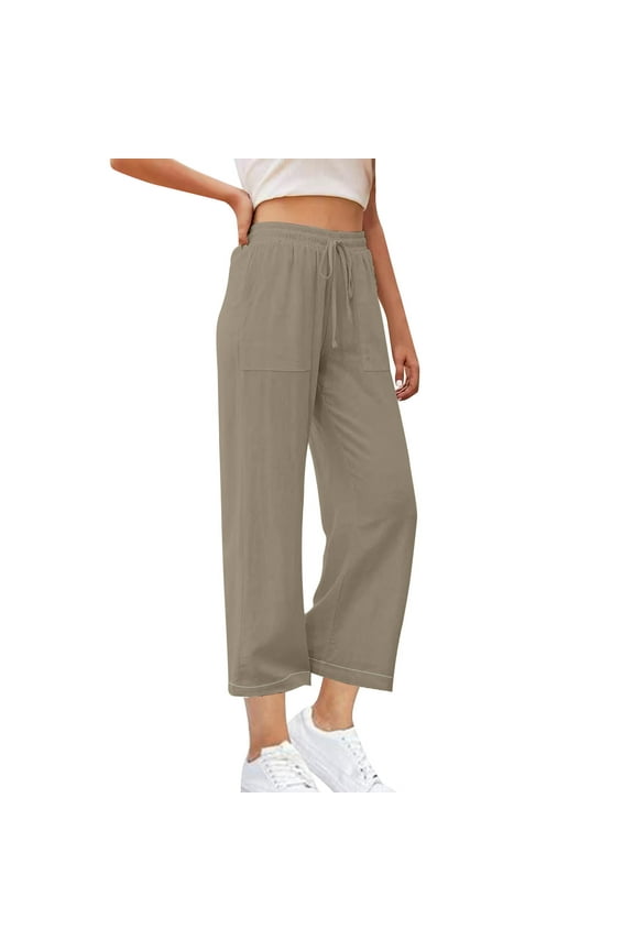 Linen Pants for Women Lightweight Wide Leg Pants Drawstring Elastic High Waisted Lounge Pants with Pockets Tie Knot Loose Trousers
