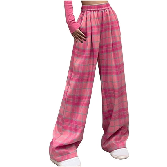 cFmduc Plaid Pants for Women Elastic High Waist Wide Leg Sweatpants Pajama Pants Y2k Baggy Pants with Pockets Streetwear