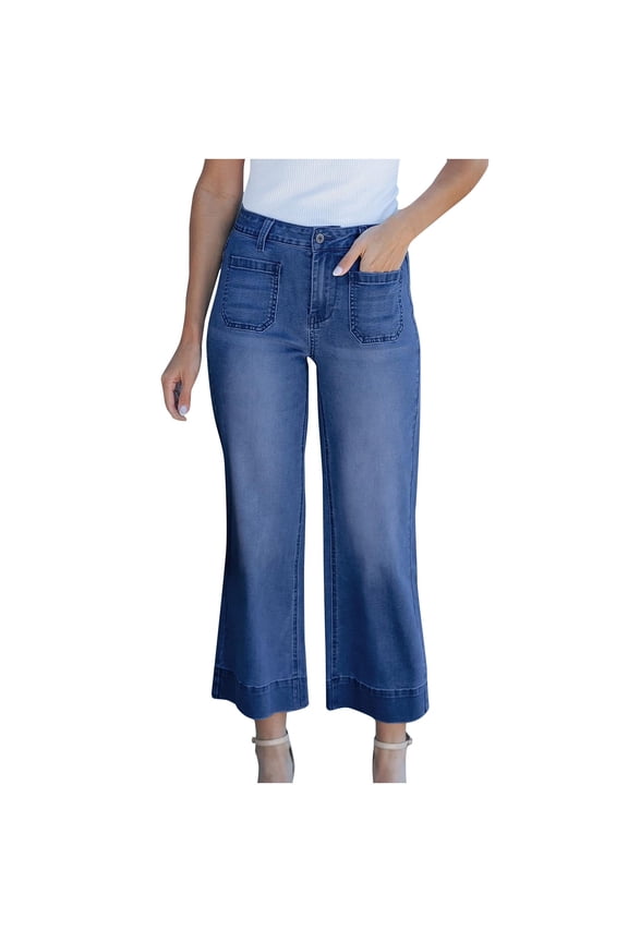Wide Leg Jeans for Women Trendy High Waisted Flare Jeans Cropped Denim Pants Stretchy Baggy with Patch Pockets