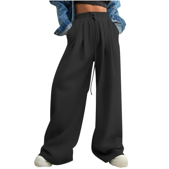 cFmduc Wide Leg Sweatpants for Women 2025 Trendy Fashion High Waisted Drawstring Lace up Pants Casual Loose Baggy Trousers with Pockets