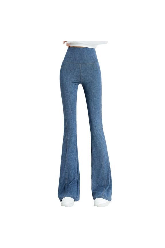 Women Flared Fake Jeans Pants Denim Print High Waist Yoga Leggings Stretch Fitness Slim Casual Workout Gym Jeggings Tights