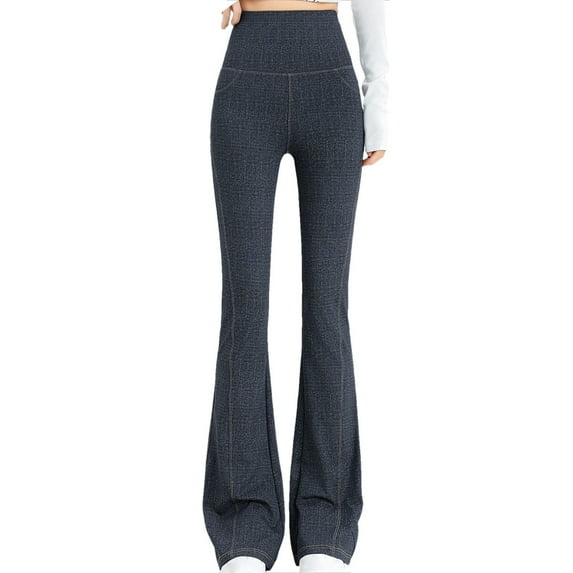 cFmduc Women Flared Fake Jeans Pants Denim Print High Waist Yoga Leggings Stretch Fitness Slim Casual Workout Gym Jeggings Tights