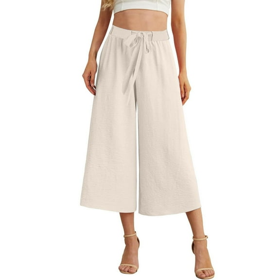 cFmduc Women Flowy Loose Wide Leg Pant Summer Beach Casual Trousers high Waist Adjustable Knot Business Work Casual Pants