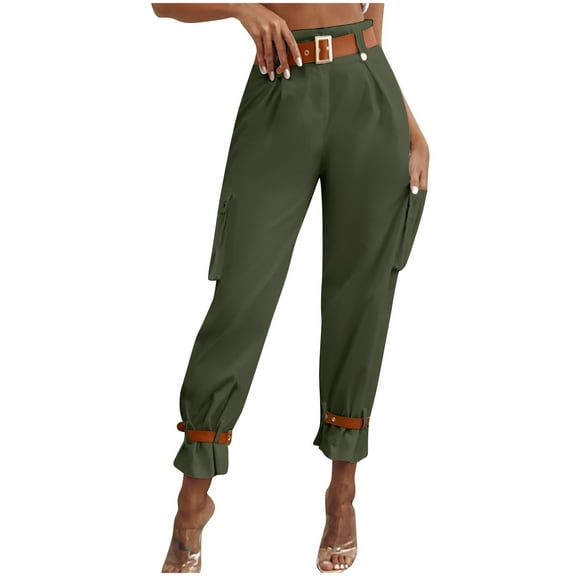 cFmduc Women High Waist Pants Casual Wide Leg Pants with Pockets Buckle Cuffed Cargo Pants