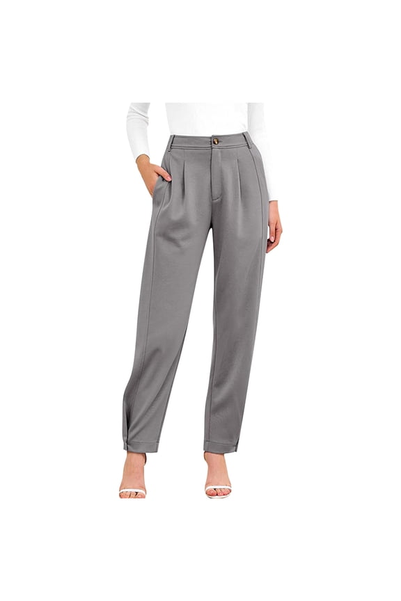 Women's Casual Button Down Pants Elastic High Waist Business Work Trousers Long Straight Leg Slacks with Pockets