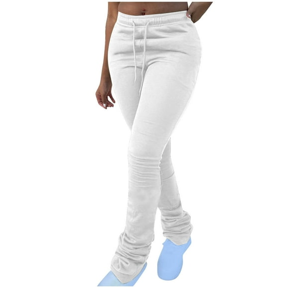 cFmduc Women's Casual Stacked Sweatpants High Waisted Drawstring Workout Ruched Leggings Bell Bottom Flare Pants