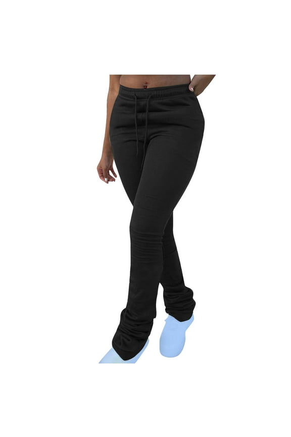 Women's Casual Stacked Sweatpants High Waisted Drawstring Workout Ruched Leggings Bell Bottom Flare Pants