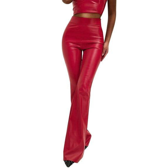 cFmduc Women's Leather Pants High Waisted Flared Leggings Stretchy Leather Bell Bottom Flare Pants Slim Fit Y2K Pants with Pockets Streetwear