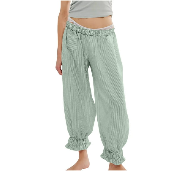 cFmduc Women's Striped Wide Leg Pants Elastic Waist Ruffle Hem Pants Casual Loose Trousers with Pockets