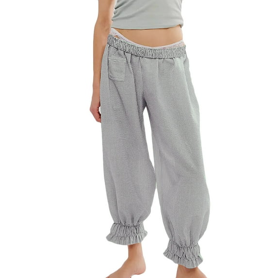 cFmduc Women's Striped Wide Leg Pants Elastic Waist Ruffle Hem Pants Casual Loose Trousers with Pockets