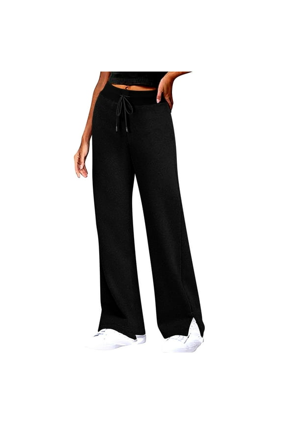 Women's Wide Leg Sweatpants Drawstring High Wasited Side Slit Athletic Pants Workout Jogger Sweat Yoga Pants with Pockets