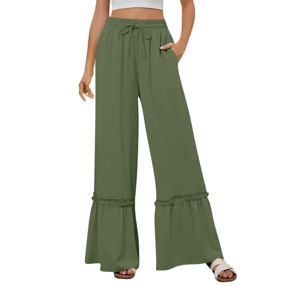 cFmduc Womens High Waisted Wide Leg Pants Drawstring Elastic Waisted Ruffle Hem Palazzo Cropped Pants Summer Beach Flowy Trousers with Pockets
