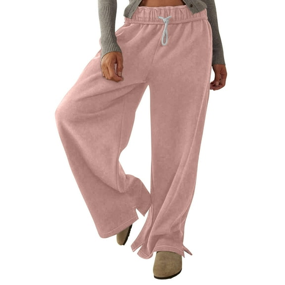 cFmduc Womens Sweatpants Wide Leg Side Slit Hem Pants Casual Loose Solid Color High Waisted Drawstring Pants Baggy Lounge Trousers with Pockets