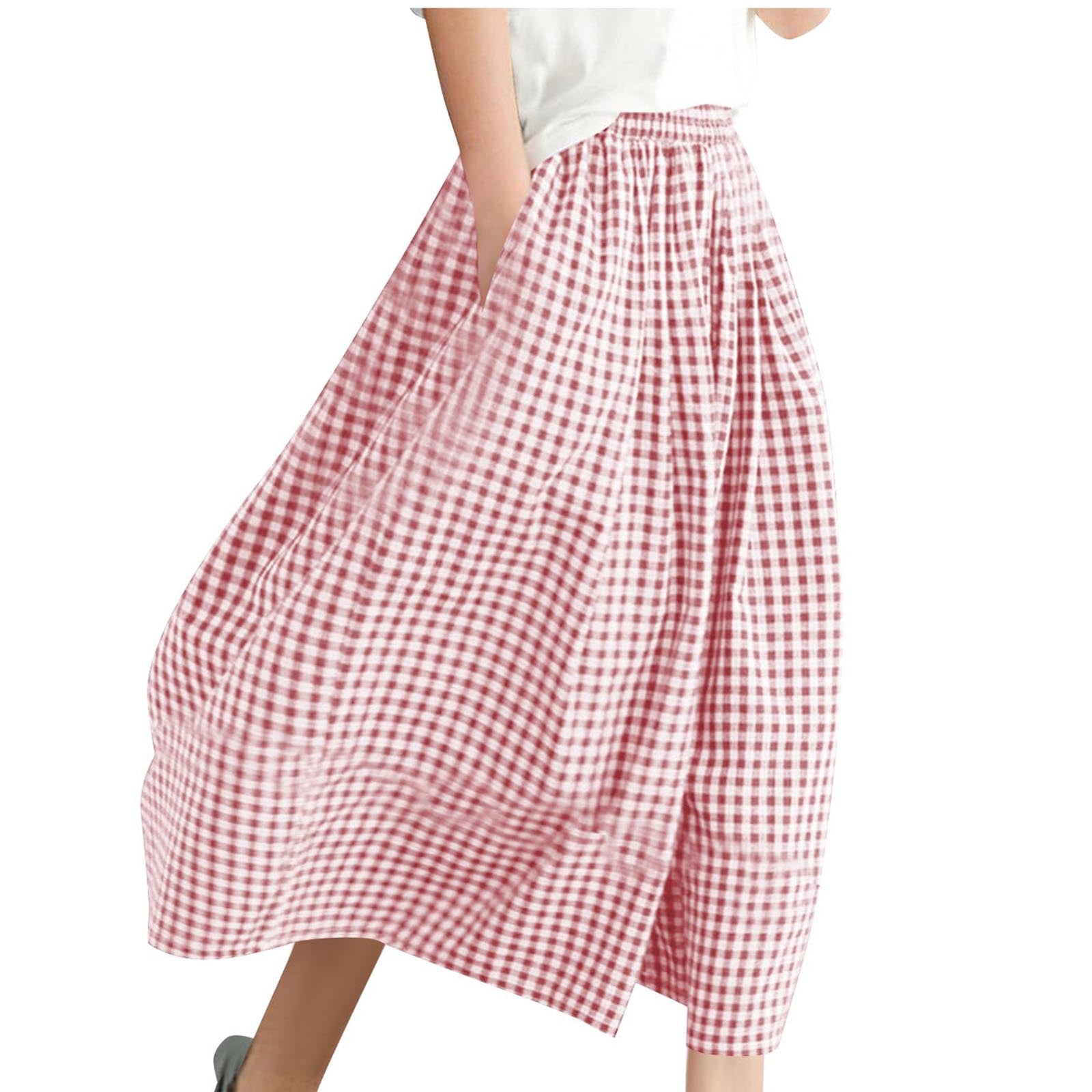 Women's Gingham Culottes Wide Leg Palazzo Pants - Elastic Waist Plaid Capris With Pockets