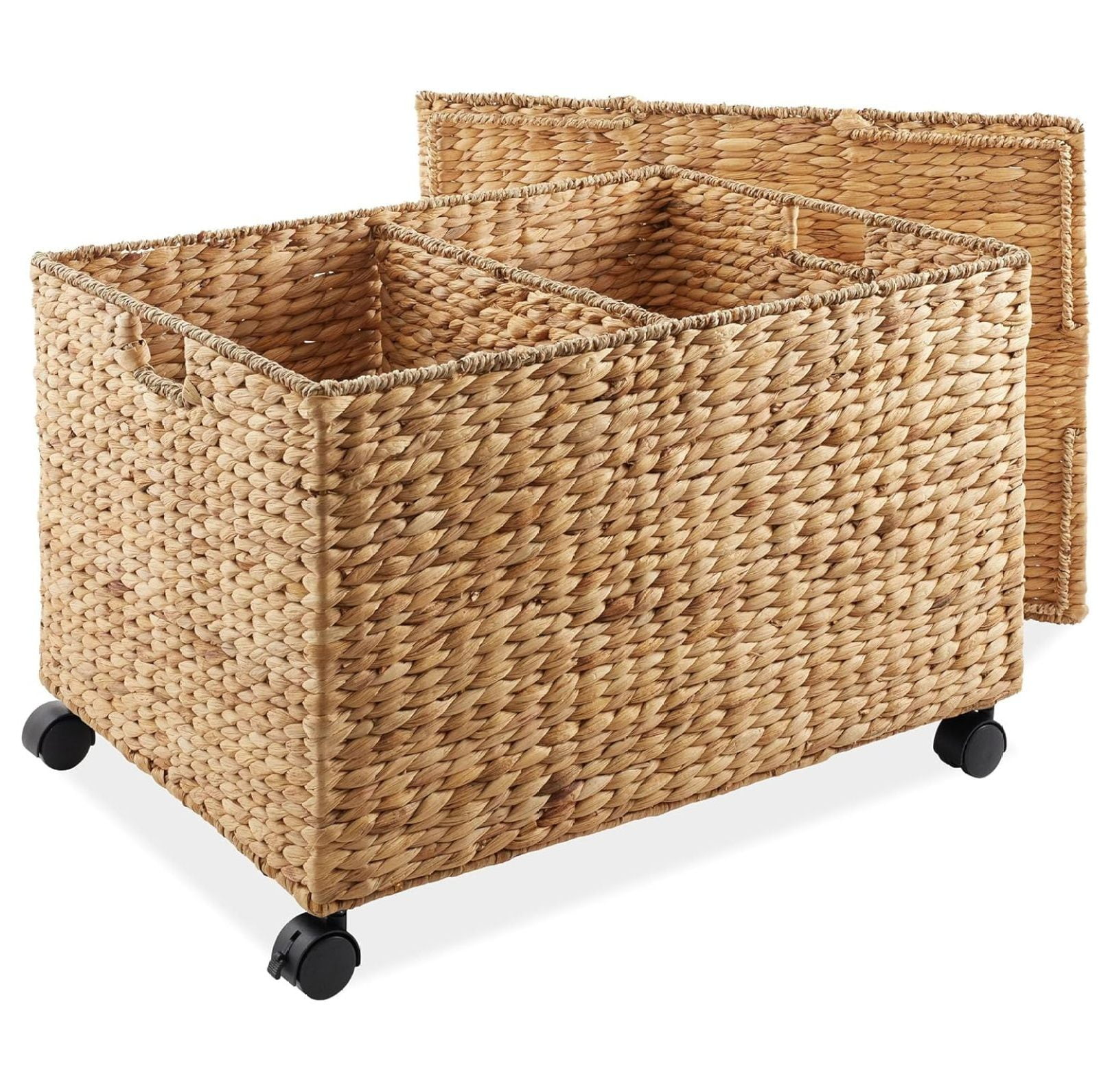 Natural Wicker Rolling Storage Basket with Lid and Wheels