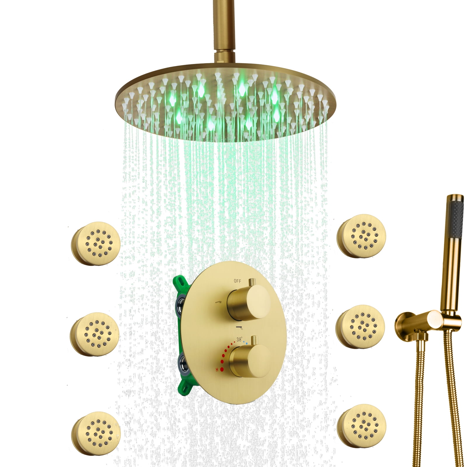 cUPC Round Brushed Gold Rain Shower Head System With Body Jets And Handheld