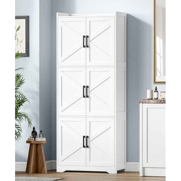 Tall White Storage Cabinet with 6 Barn Doors, 60.2''H Bathroom Floor Cabinet & Pantry, 11.6''D x 22.6''W, Adjustable Shelves, for Kitchen, Living Room, Entryway