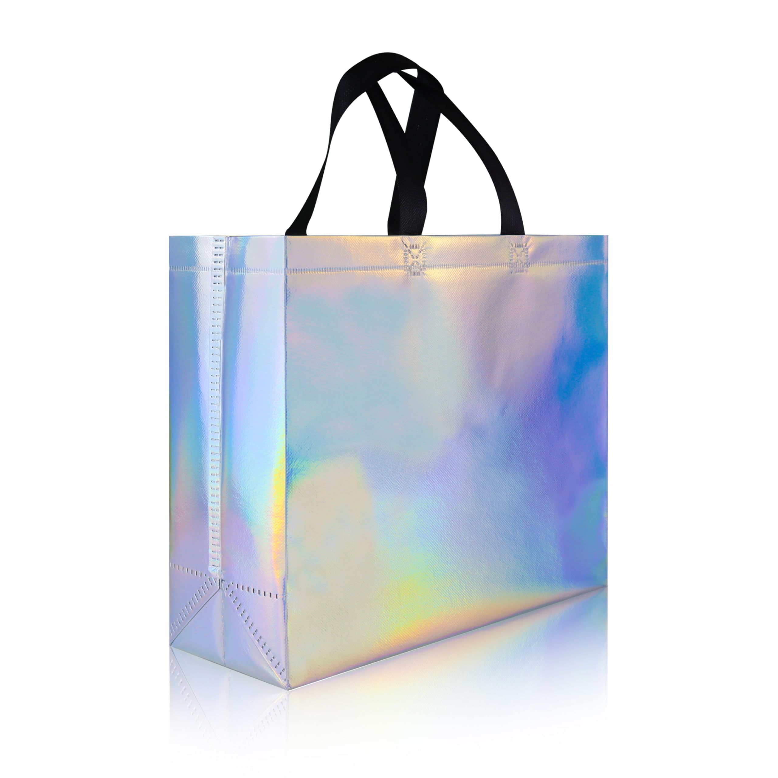 cabzymx 25 Pcs Iridescent DEF29 Glossy Reusable Gift Bags with Handles & Sturdy Bases, 12.6x4.7x11 In Non-woven Party Gift Bags Bulk for Birthday, Wedding, Easter, Holiday