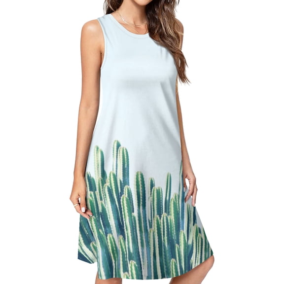 cactus Spring Summer Dresses for Women Fashion T-shirt Dress Casual Sleeveless Loose Sundress with Pockets