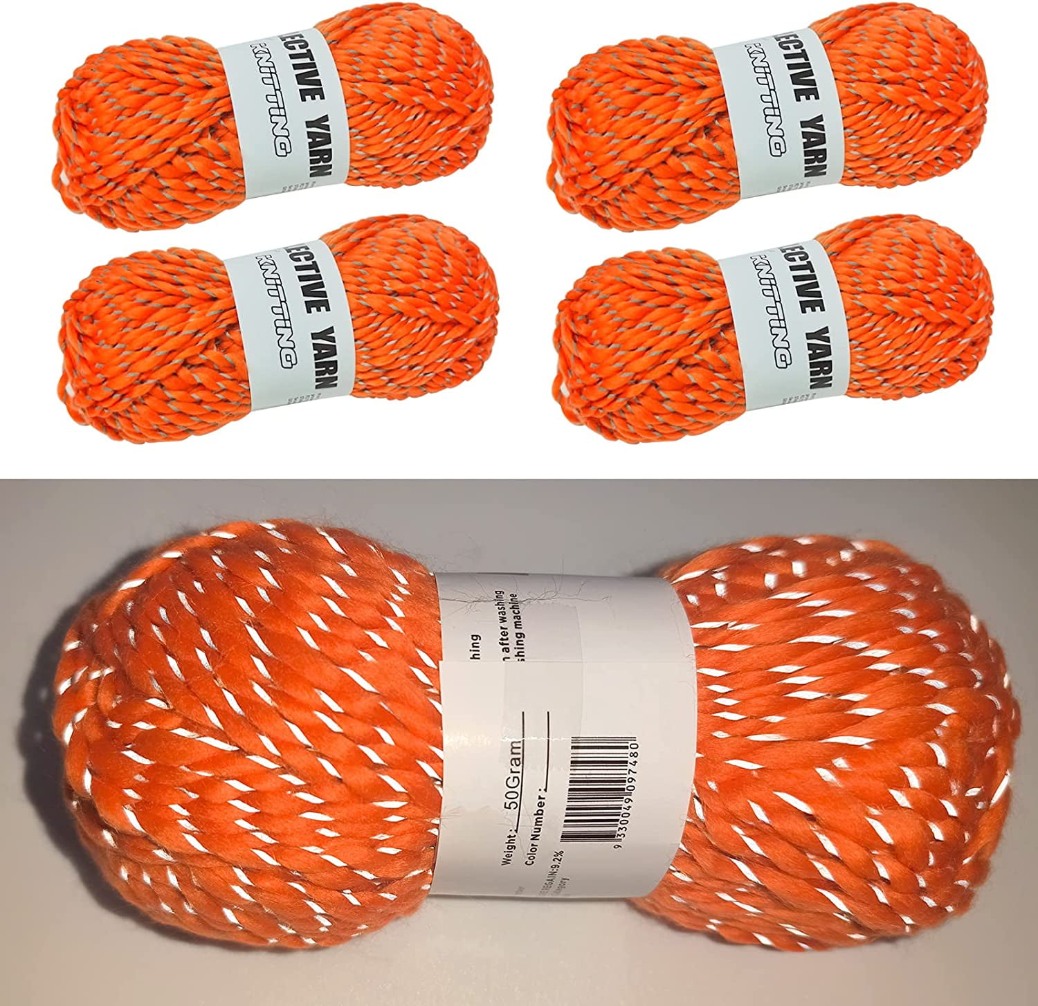 caichuxiye 4pcs Reflective Yarn,Sparkle Yarn,Silver Yarn,for Crafts Glow in The Dark Yarn for Crochet for Reflective High Visibility Warm Winter Loop Reflective Hat.(50g, 55 Yards) (Orange)