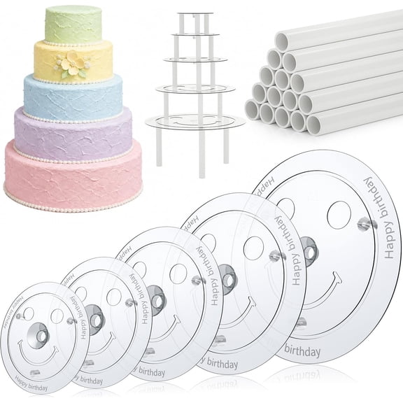 cake dowels for tiered cakes set - 15 count White Plastic Cake Sticks Support Rods with 5 count Cake Separator Plates for 4, 6, 8, 10, 12 Inch Cakes, Clear Cake bases para pasteles wedding cake stand
