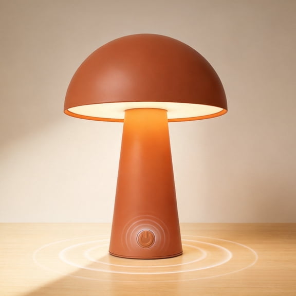 calopet Cordless Table Lamp, LED Night Light with Touch Control and Stepless Dimming Up for Bedroom, Living Room, Mushroom Shape, Orange-Red