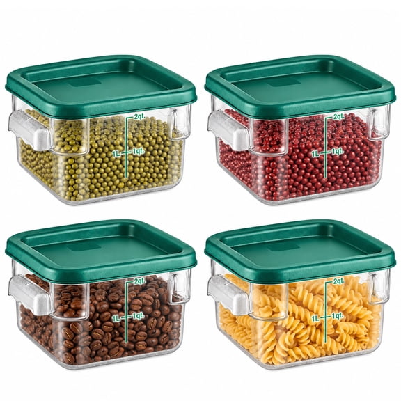 4 Pcs Food Storage Containers with Lids, Graduated, 7.4 x 7.4 x 3.9 in, Clear PC Construction, L and qt Measurement Marks, Square Stackable Shape, Easy-View Design