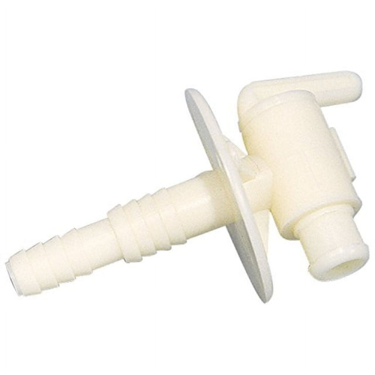 camco 22223 drain valve 3/8" or 1/2" dual barb with flange, white