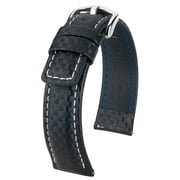 Hirsch Carbon Leather Watch Strap - Black - L - 18mm / 16mm - Shiny Silver Buckle - Water Resistant Calf Leather Band