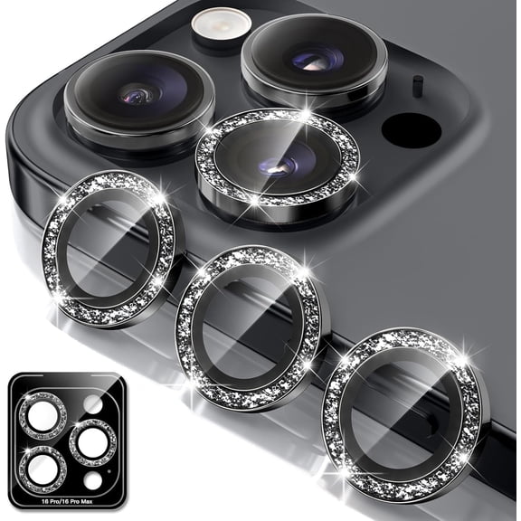 The camera lens protective film is suitable for iPhone 16 Pro/16 Pro Max. It features a flashing aluminum alloy metal ring, is scratch-resistant, and is friendly to the phone case. It is black