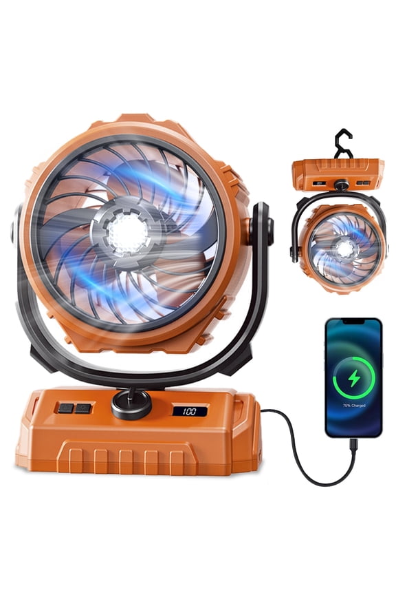 Camping Fan Rechargeable, 100 Speeds Adjustable Battery Powered Fan with LED Lantern, 270Head Rotation & Hanging Hook, Portable Desk Fan for Travel Camping Tent Office, Orange