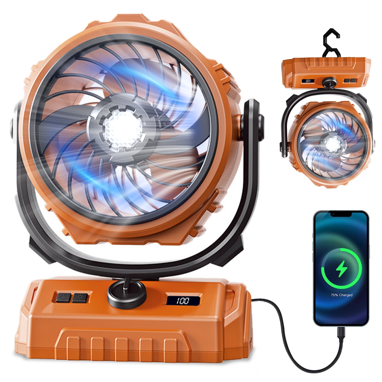 BN-LINK Camping Fan Rechargeable, 100 Speeds Adjustable Battery Powered Fan with LED Lantern, 270Head Rotation & Hanging Hook, Portable Desk Fan for Travel Camping Tent Office, Orange