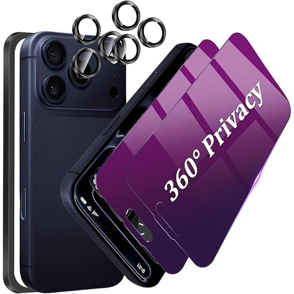 can [2+2Pack] for iPhone 17 Pro 360 Degree Purple Privacy Screen Protector with Camera Protector, 4-Way Anti-Spy Tempered Glass Film with Metal HD Lens Protector, Anti-Scratch Easy Installation