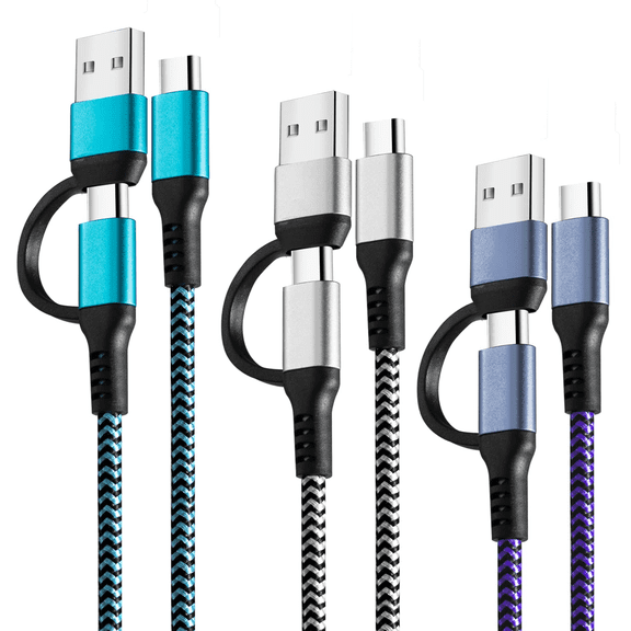 can 2-in-1 USB A/C to Type C Cable 60W 3.1A Fast Charging 480Mbps Data Sync Nylon Braided Cord