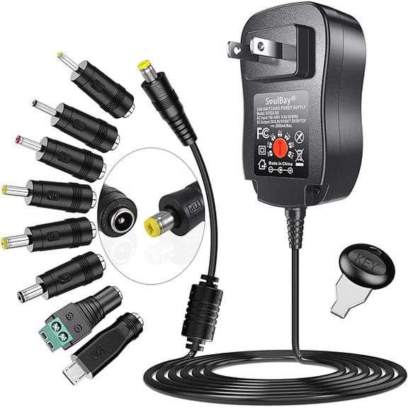 can 24W Universal AC/DC Adapter 12V 9V 7.5V 6V 5V 4.5V 3V Regulated Switching Power Supply with 8 Selectable Plugs for LED Strip Light Camera Keyboard Speaker Scale Recorder Massager, 2A Output