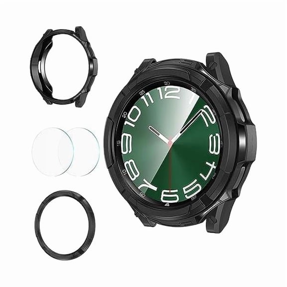 can 3 in 1 Accessories for Samsung Galaxy Watch 6 Classic Screen Protector 47mm Case, Rugged TPU Bumper +2 Tempered Glass Screen Protector + Bezel Ring Cover for Galaxy Watch6 Classic 47 mm Black