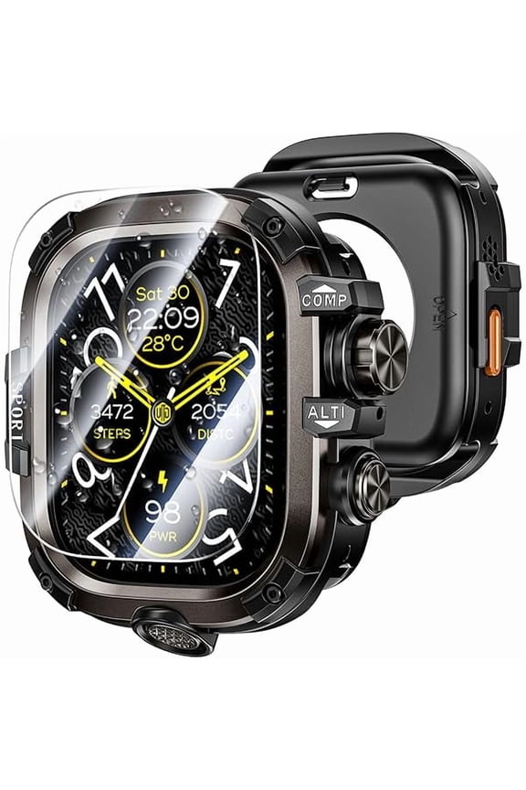 can 3 in 1 Metal PC Case for Apple Watch Screen Protector 49mm, 360 Protective Rugged Tempered Glass Waterproof Face Cover Bumper for Apple Watch Ultra 3/Ultra 2/Ultra, 49mm Black