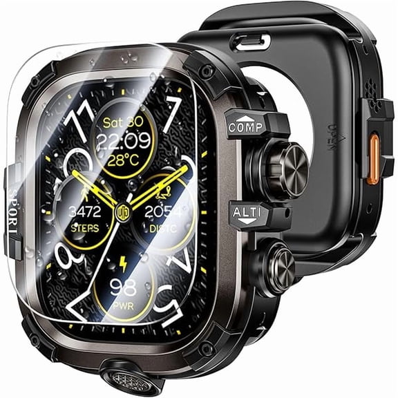 can 3 in 1 Metal PC Case for Apple Watch Screen Protector 49mm, 360 Protective Rugged Tempered Glass Waterproof Face Cover Bumper for Apple Watch Ultra 3/Ultra 2/Ultra, 49mm Black