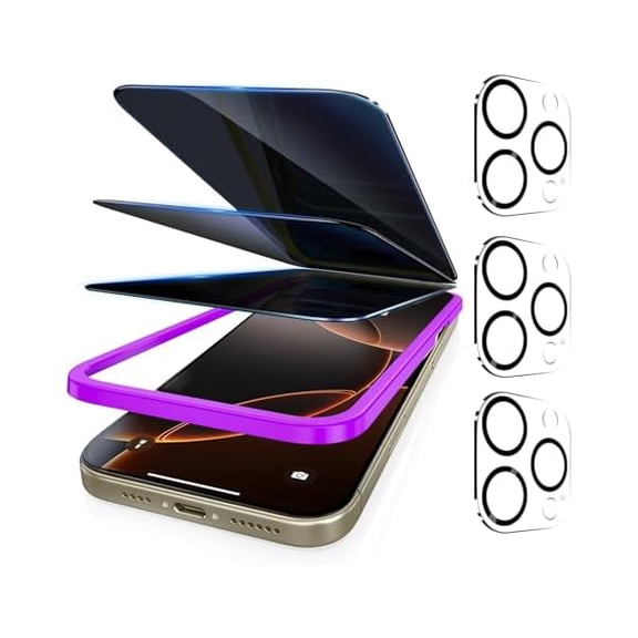 can [3+3 Pack Privacy Screen Protector for iPhone 16 Pro Max, 26 Anti-Spy & Blue Light Filter Tempered Glass with 3 Camera Lens Protectors, 3X Reinforced, Easy Alignment