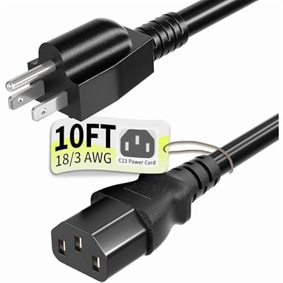 can 3 Prong AC Power Cord Cable 10ft 10 Amps 125 Volts 18AWG, NEMA 5-15P to C13, Black PC Power Cable for TV, Computer, Monitor, Printer, PlayStation, HP, Dell, Lenovo, Apple, Asus-ETL Listed
