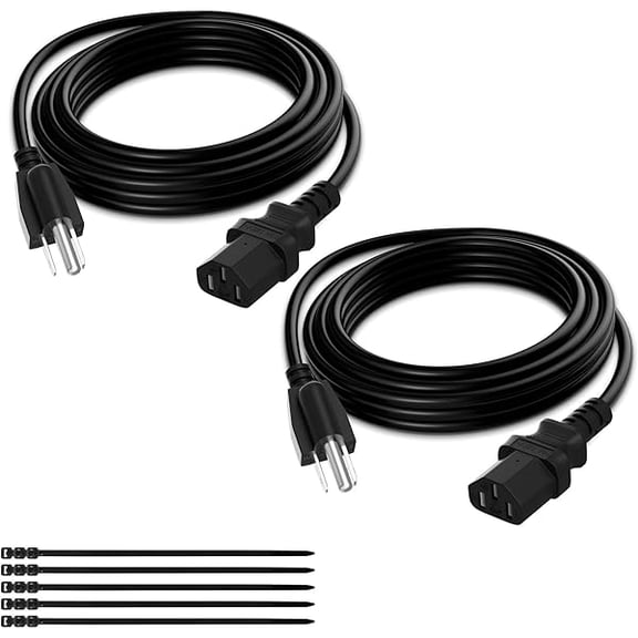can 3-Prong Replacement Power Cord 10 Ft/2 Pack, Heatproof Flexible Durable AC Device Power Cable for Appliance, Computer, TV, Monitor, Printer, ETL Listed 18AWG 125V 10A, with Ties